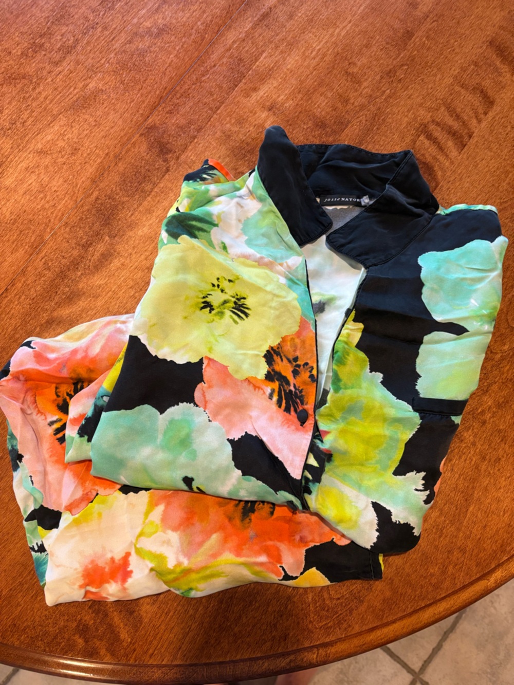 Floral Print Button-Up Blouse — Black with Bright Multicolor Flowers by Natori - Picture 4 of 4